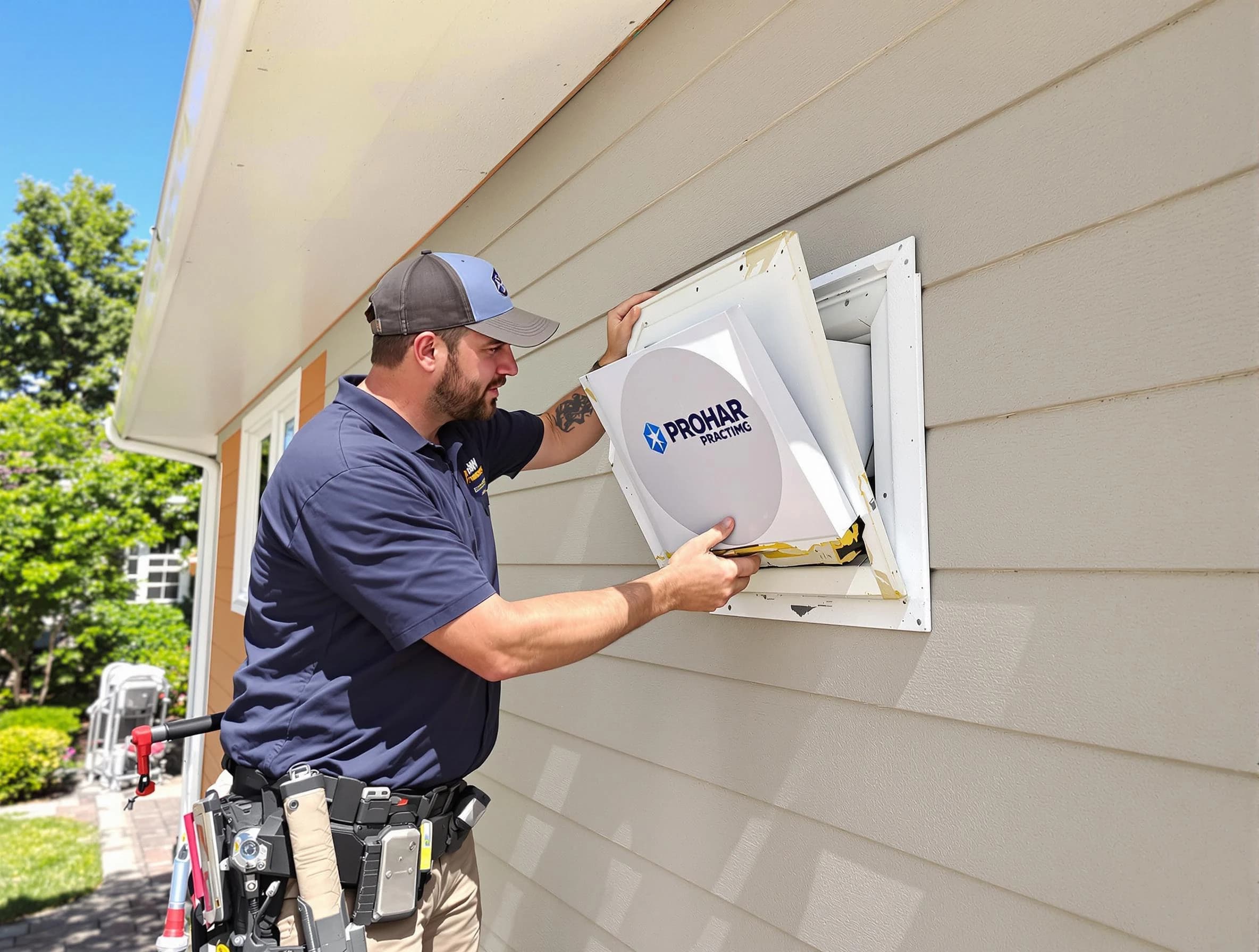 Vineyard Dryer Vent Cleaning technician installing a new protective dryer vent cover on a home in Vineyard