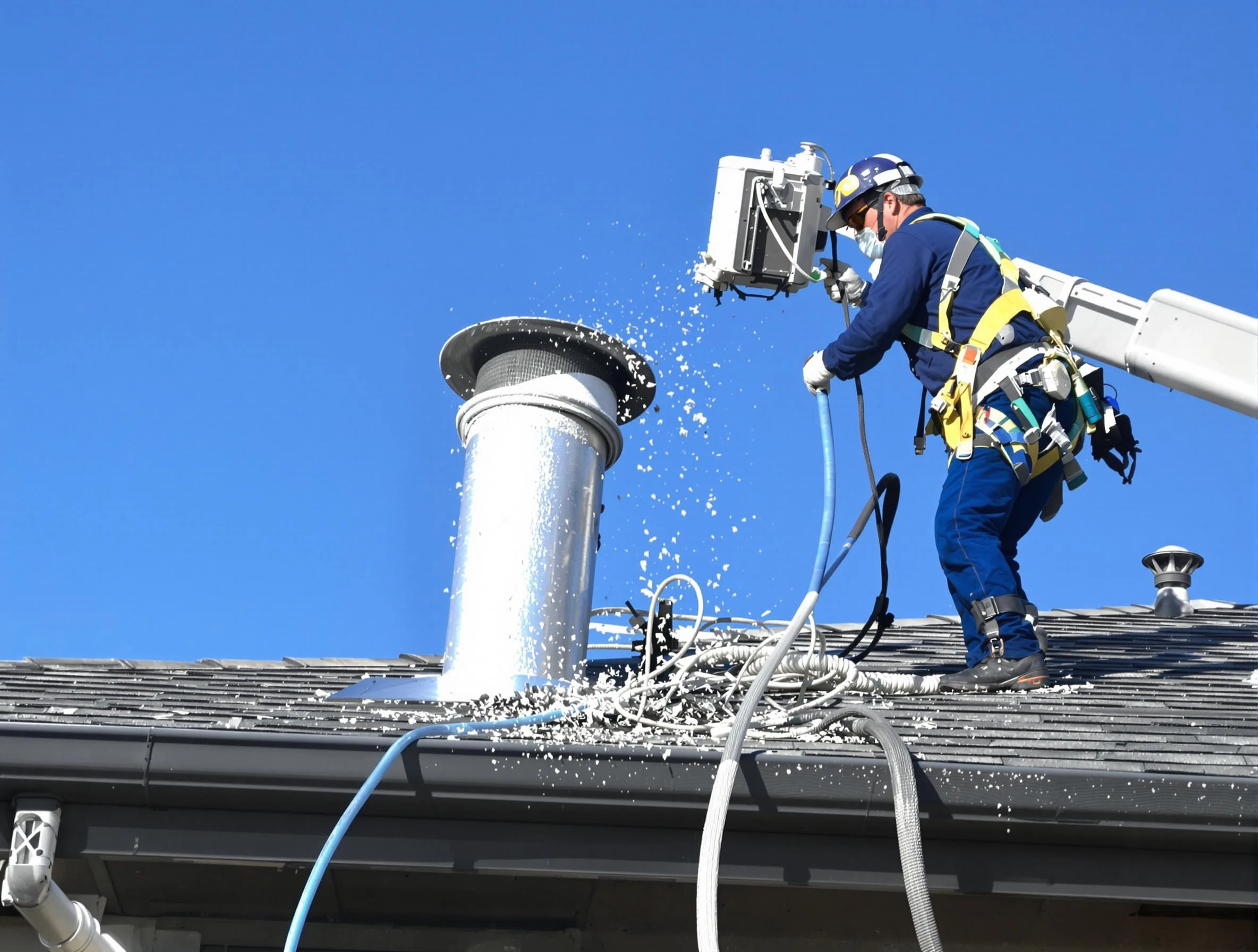 Vineyard Dryer Vent Cleaning certified technician safely cleaning a roof-mounted dryer vent in Vineyard
