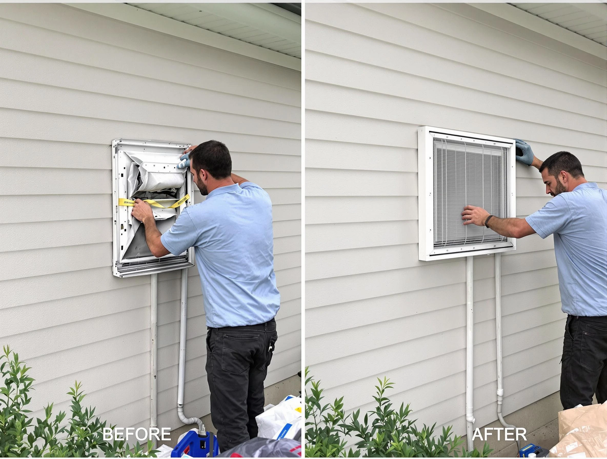 Vineyard Dryer Vent Cleaning technician installing high-quality dryer vent cover at a residential property in Vineyard